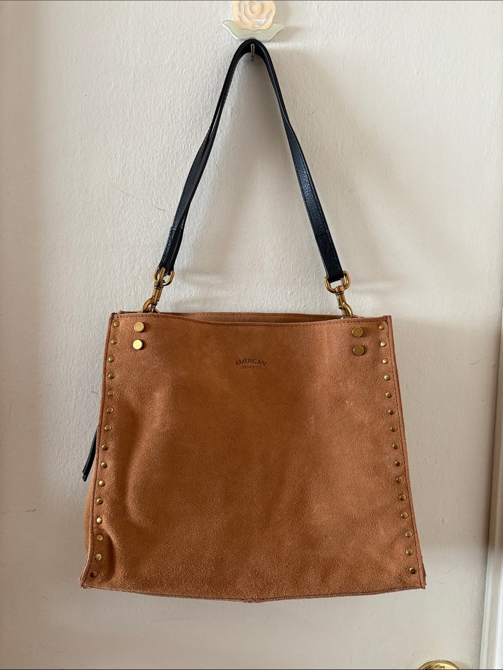 NWT American Leather Company Camel Suede Shoulder Bag with Gold Tone Studs